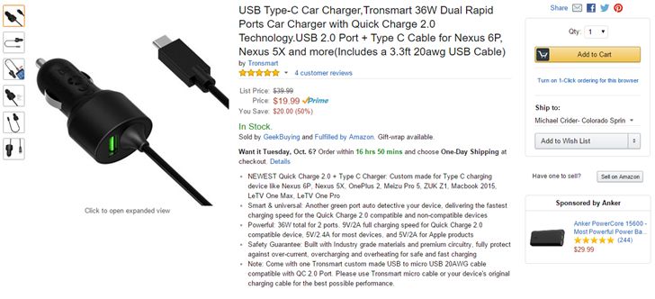 Fotografía - [Offre Alerte] Tronsmart Charge rapide 2.0 Dual-Port chargeur de voiture (USB + USB Type-C) est 11,99 $ après une 8 $ Coupon Sur Amazon